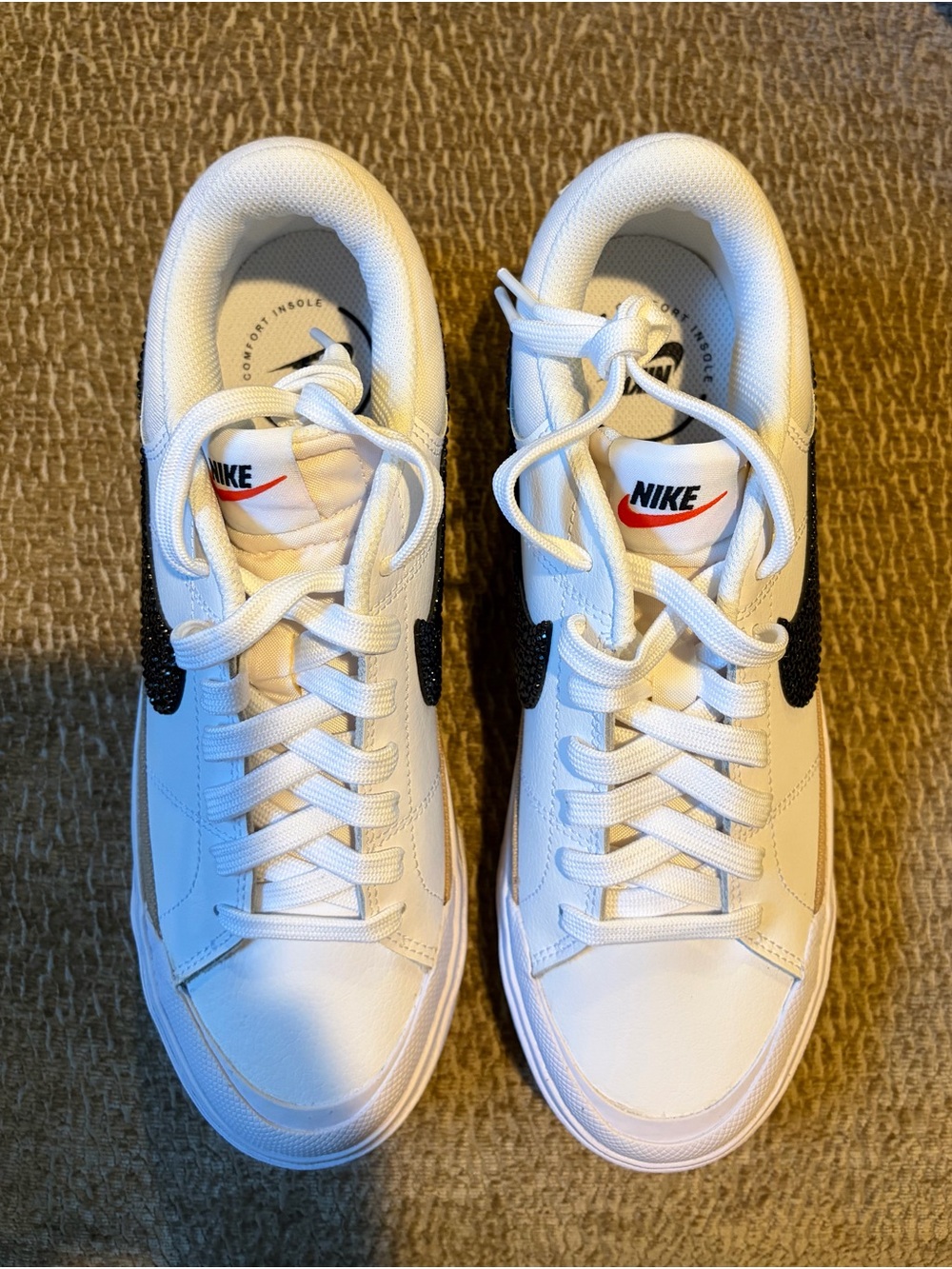 Nike court legacy lift White with Black Swoosh/sparkle blinged out